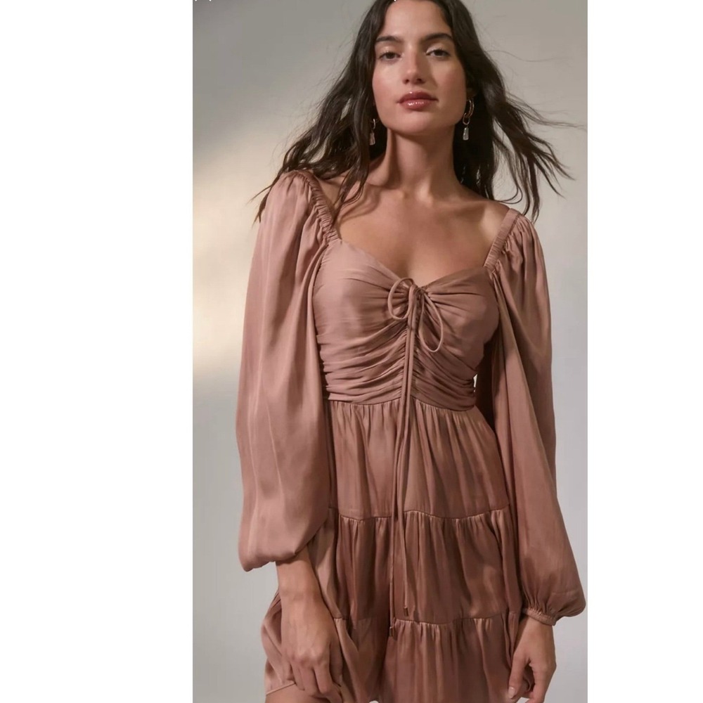 Minkpink Women XL Dress Rose Satin Tiered Boho Mini Smocked Urban Outfitters